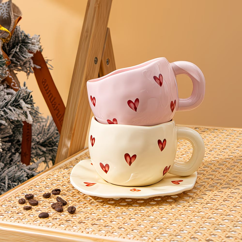 Heart Pattern Ceramic Cup and Saucer Set