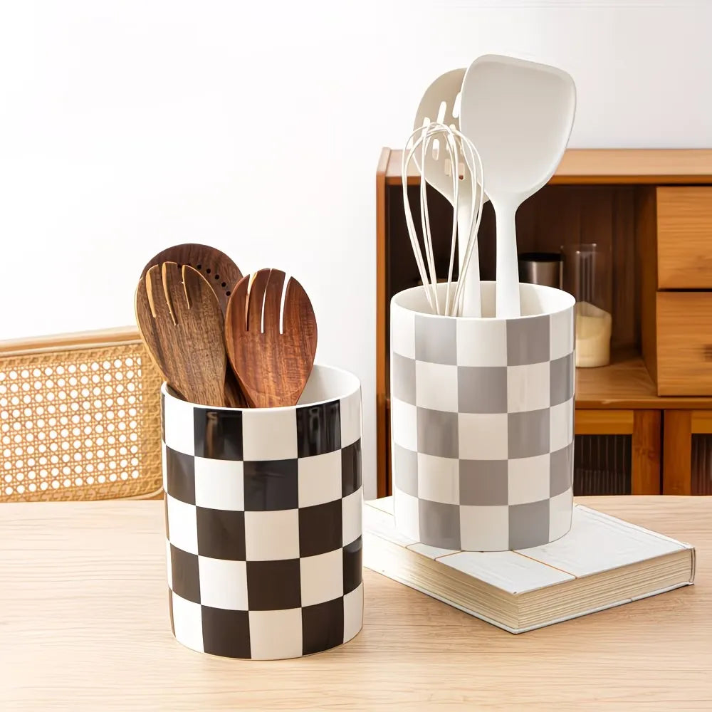 Checkered Pattern Ceramic Utensil Holder