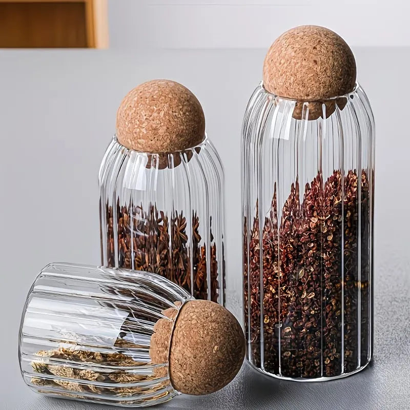 Ribbed Glass Storage Jar with Round Wooden Lid