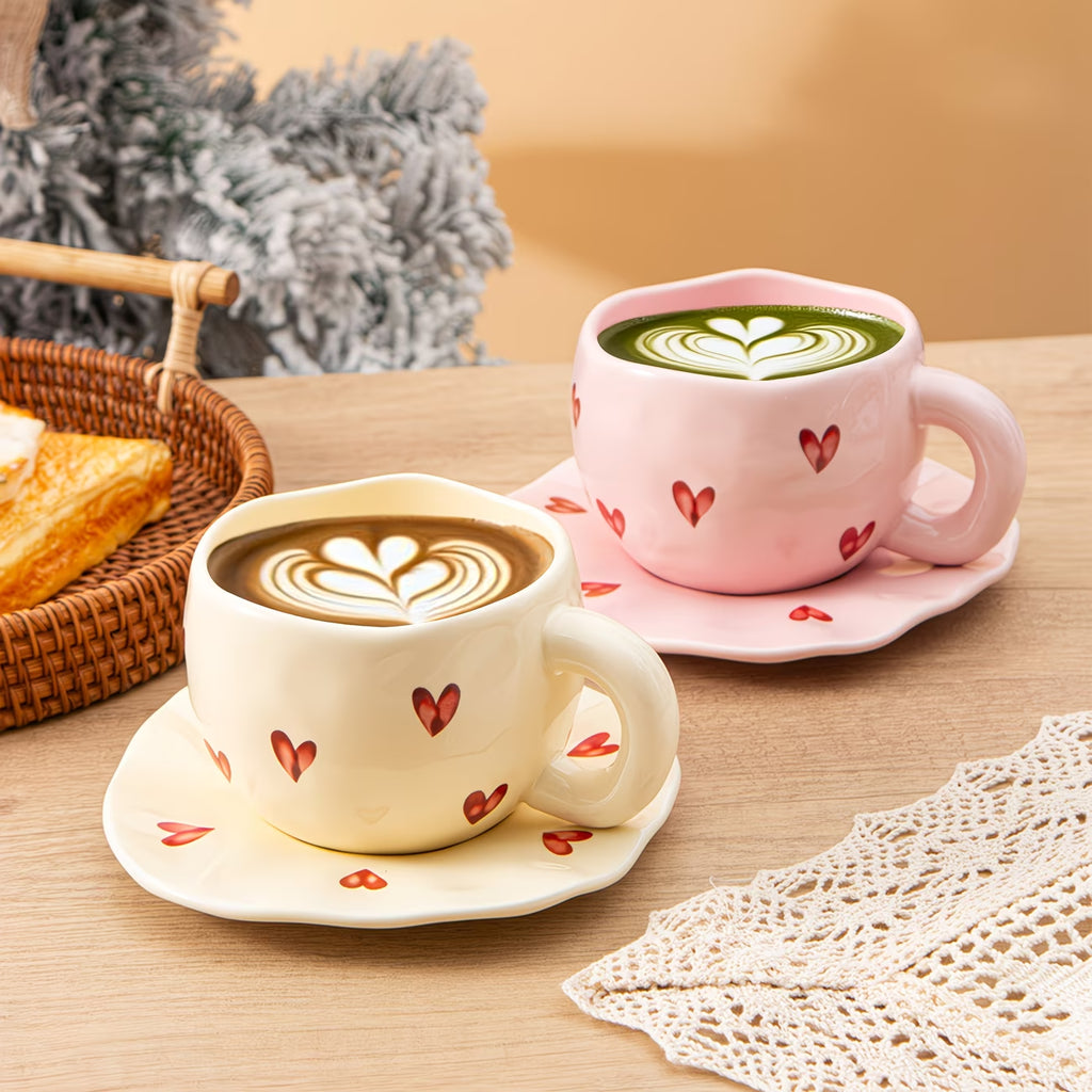 Heart Pattern Ceramic Cup and Saucer Set