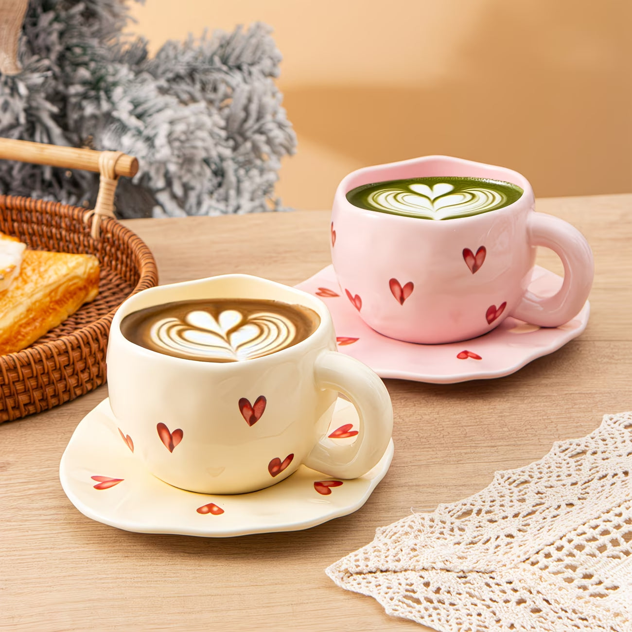 Heart Pattern Ceramic Cup and Saucer Set