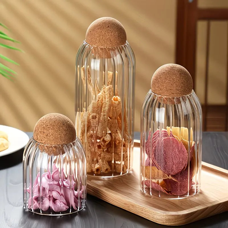 Ribbed Glass Storage Jar with Round Wooden Lid