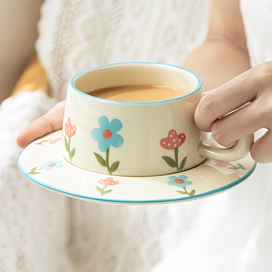 Floral Pattern Ceramic Cup and Saucer Set