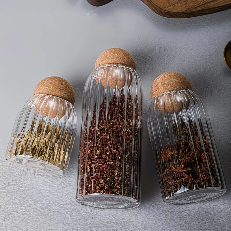 Ribbed Glass Storage Jar with Round Wooden Lid