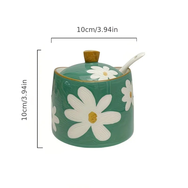 Floral Ceramic Sugar Bowl with Lid and Spoon
