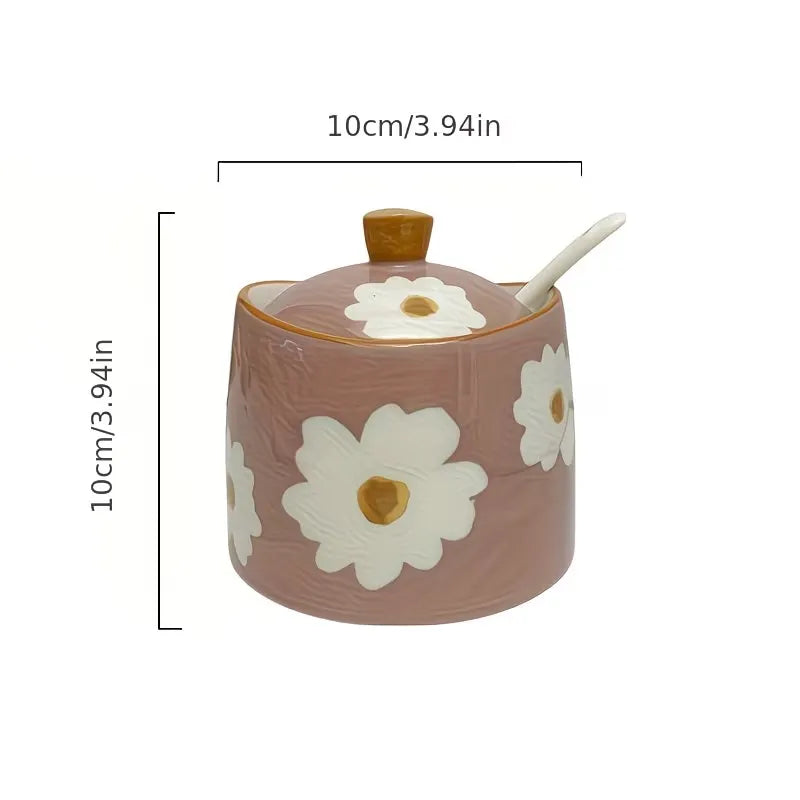 Floral Ceramic Sugar Bowl with Lid and Spoon