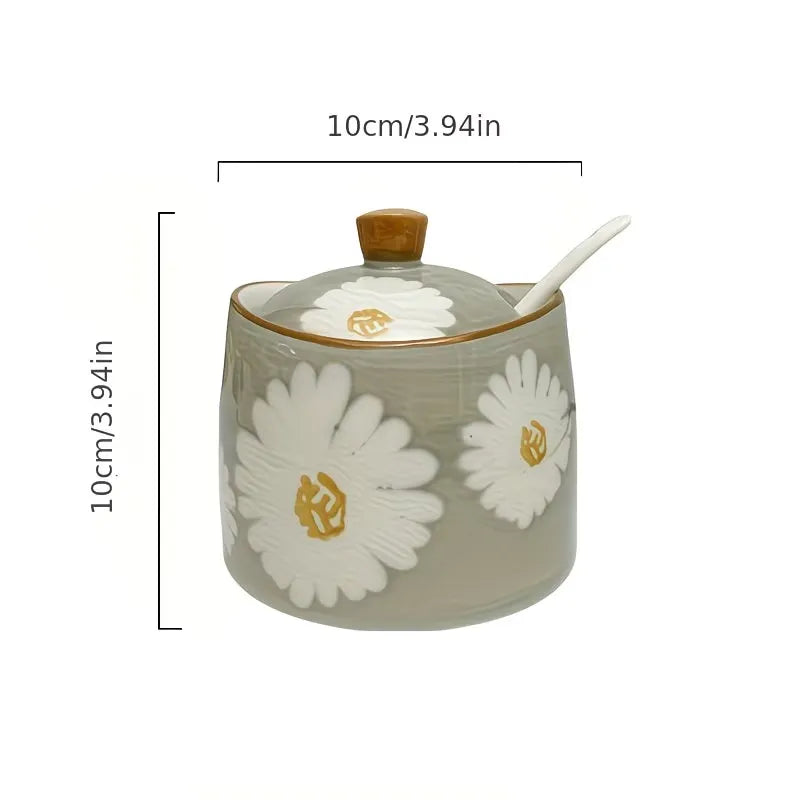 Floral Ceramic Sugar Bowl with Lid and Spoon