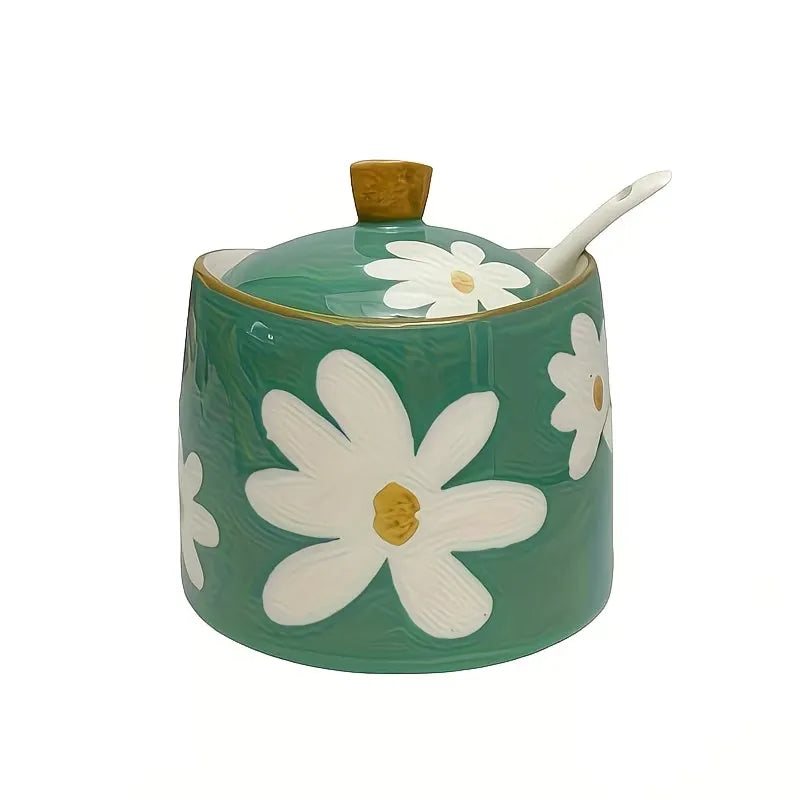 Floral Ceramic Sugar Bowl with Lid and Spoon