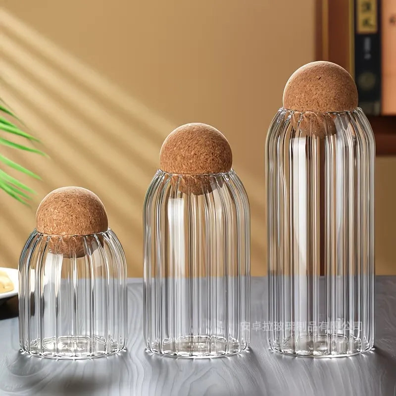 Ribbed Glass Storage Jar with Round Wooden Lid