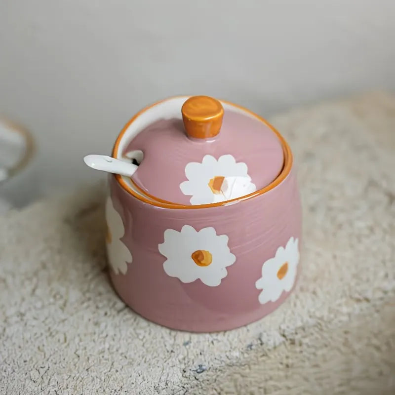 Floral Ceramic Sugar Bowl with Lid and Spoon