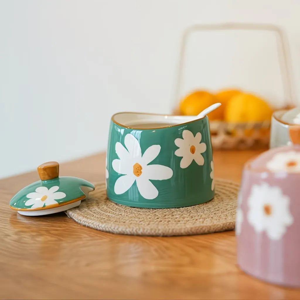 Floral Ceramic Sugar Bowl with Lid and Spoon