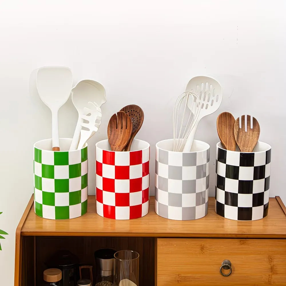 Checkered Pattern Ceramic Utensil Holder