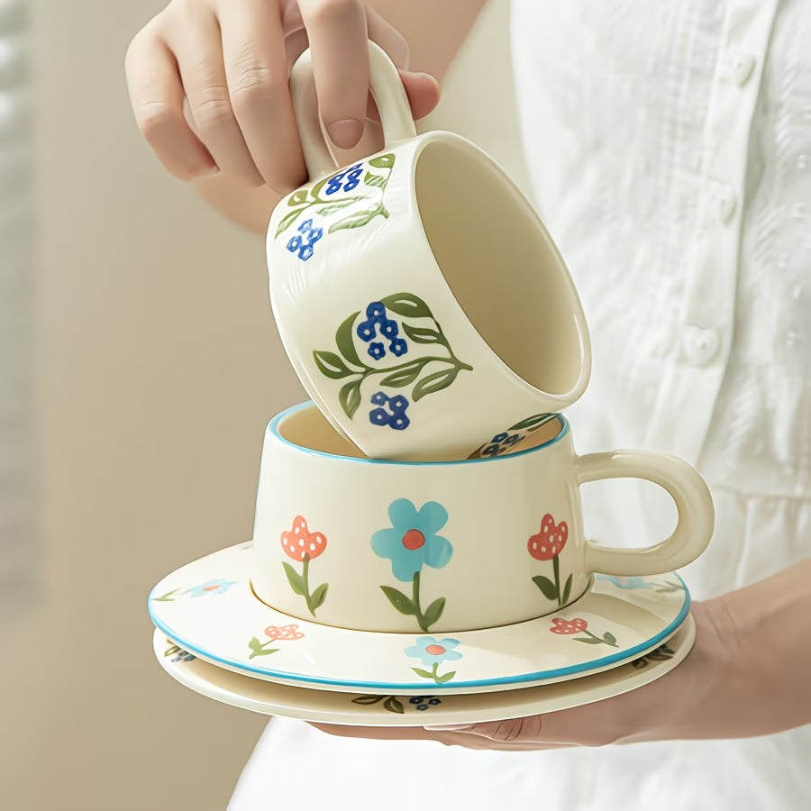 Floral Pattern Ceramic Cup and Saucer Set