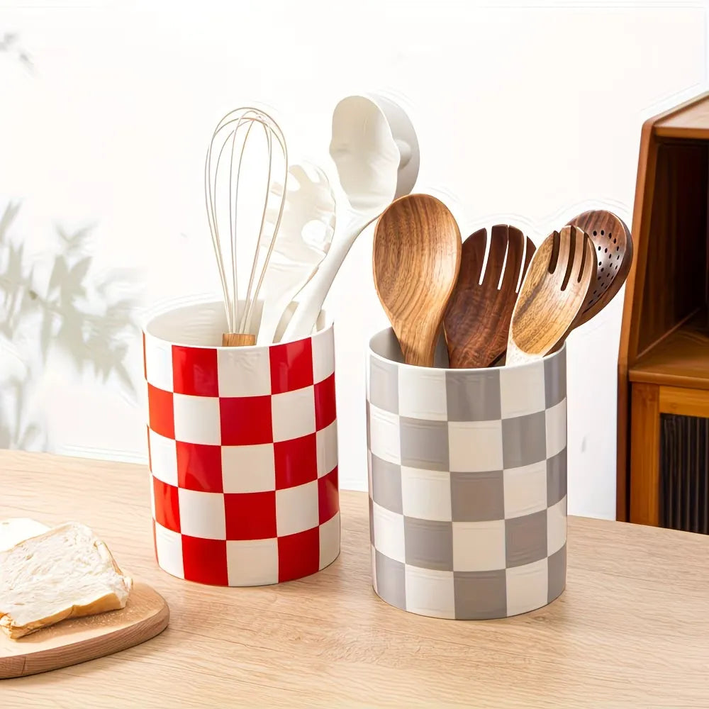 Checkered Pattern Ceramic Utensil Holder